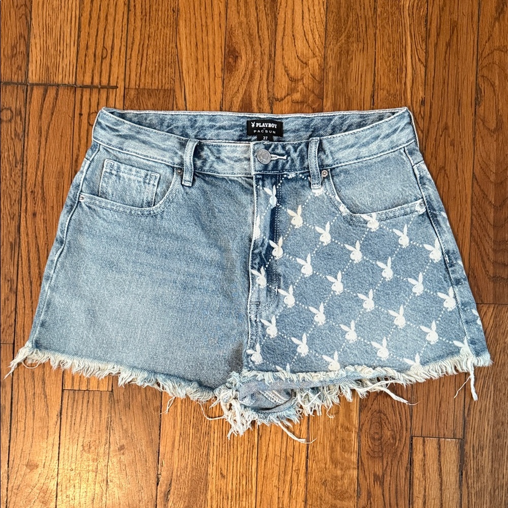 PLAYBOY by PACSUN Light Blue Jean Shorts with White Bunny Design size 27